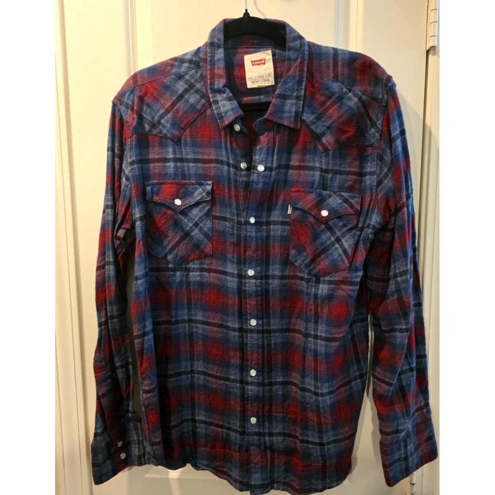 Levi's Men's Blue /Red Plaid  Metallic  Casual Button Shirt SZ L